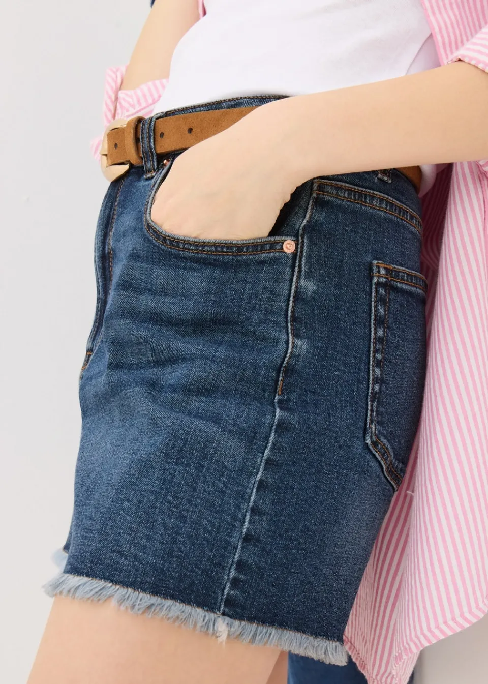 Shorts>Papaya Blue Dark Wash Frayed Hem Denim Shorts
