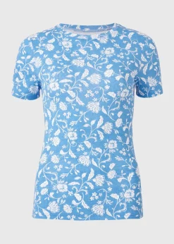T-Shirts>Papaya Blue Floral Print Fitted T-Shirt