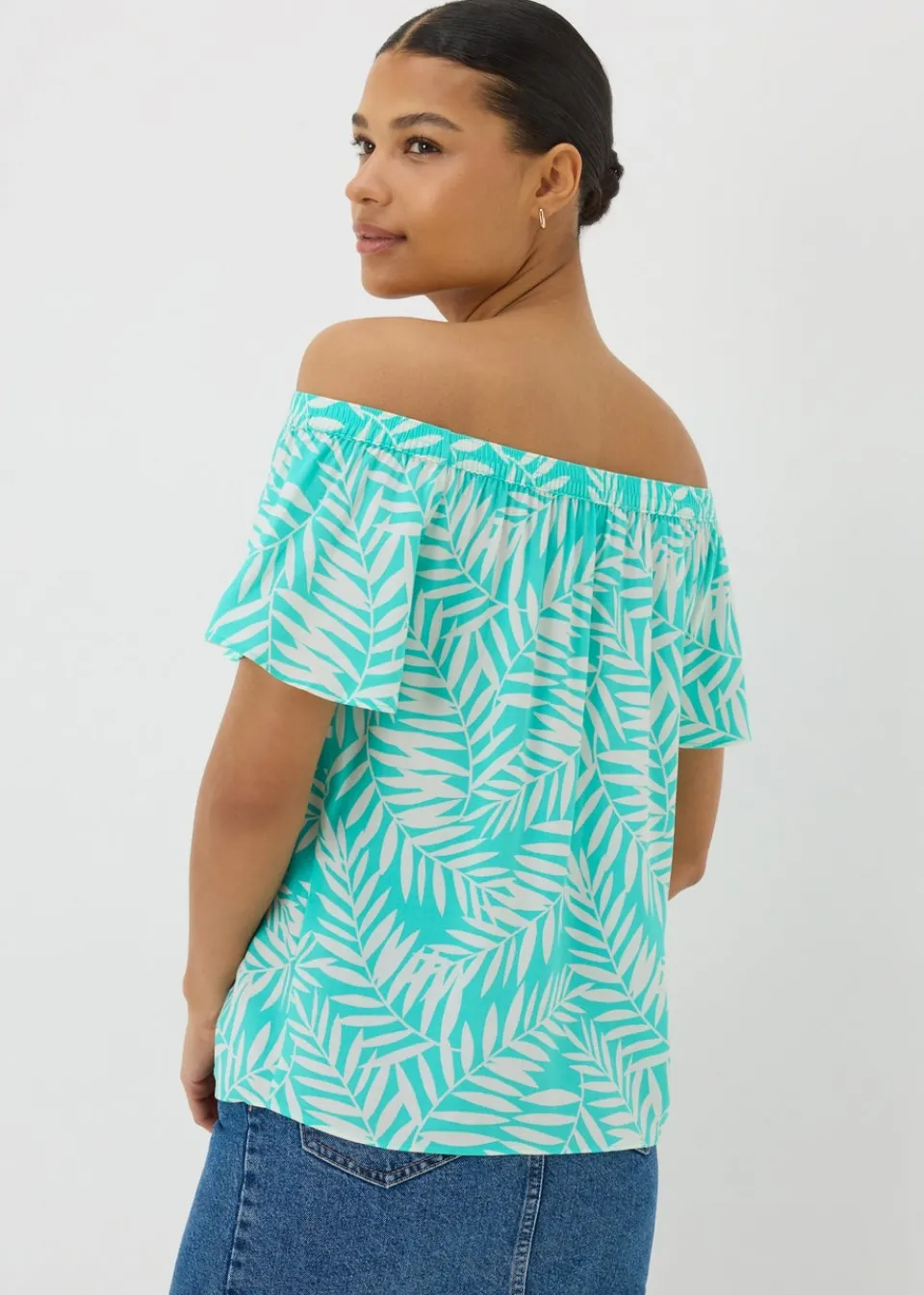 Tops>Papaya Blue Leaf Print Bardot Top