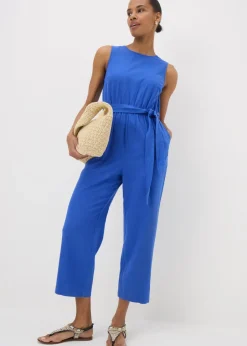 Jumpsuits & Playsuits>Papaya Blue Linen Blend Tie Waist Jumpsuit