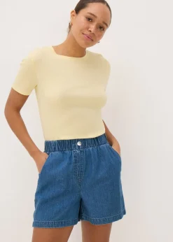 Shorts>Papaya Blue Mid Wash Cotton Paper Bag Shorts