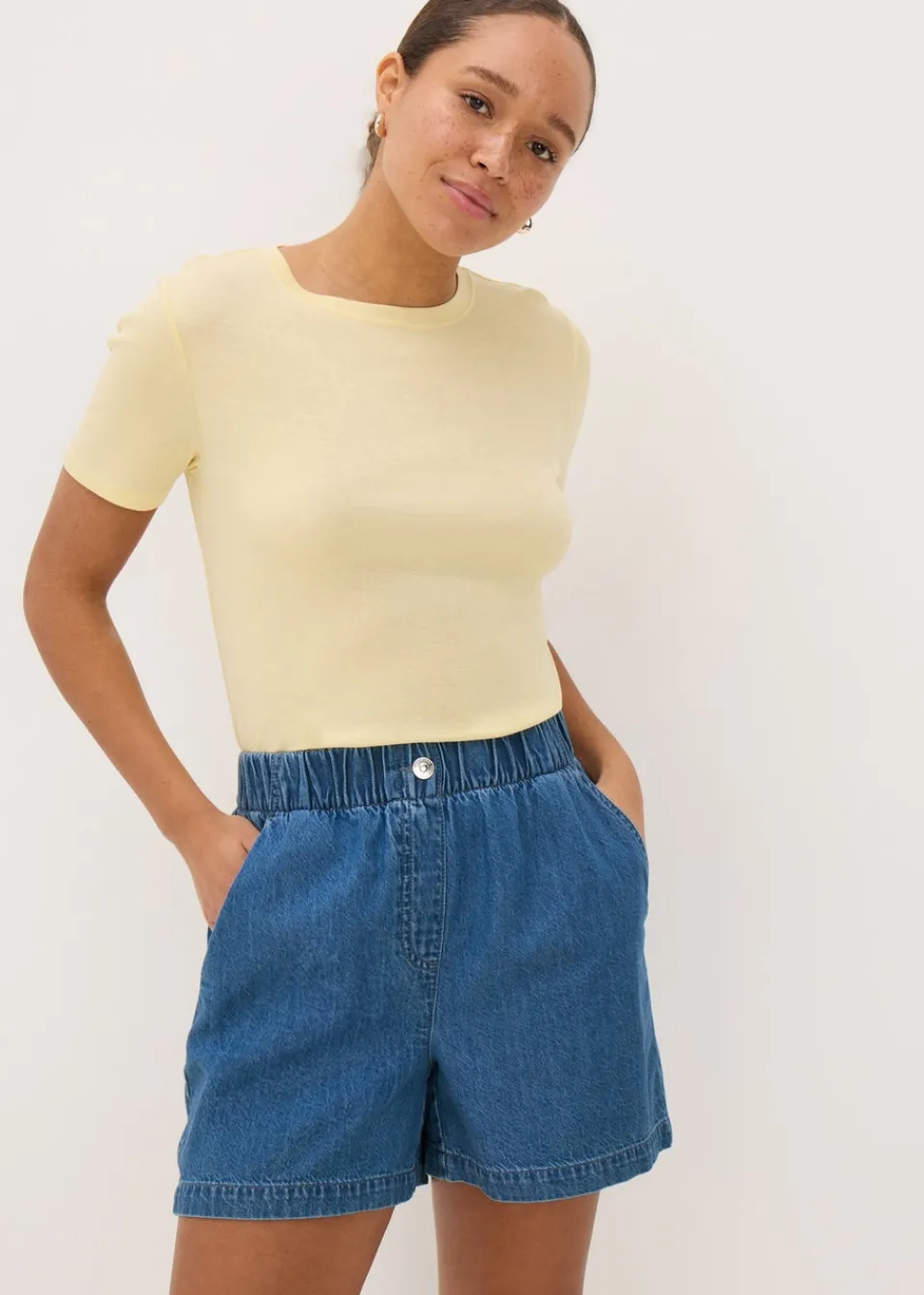 Shorts>Papaya Blue Mid Wash Cotton Paper Bag Shorts
