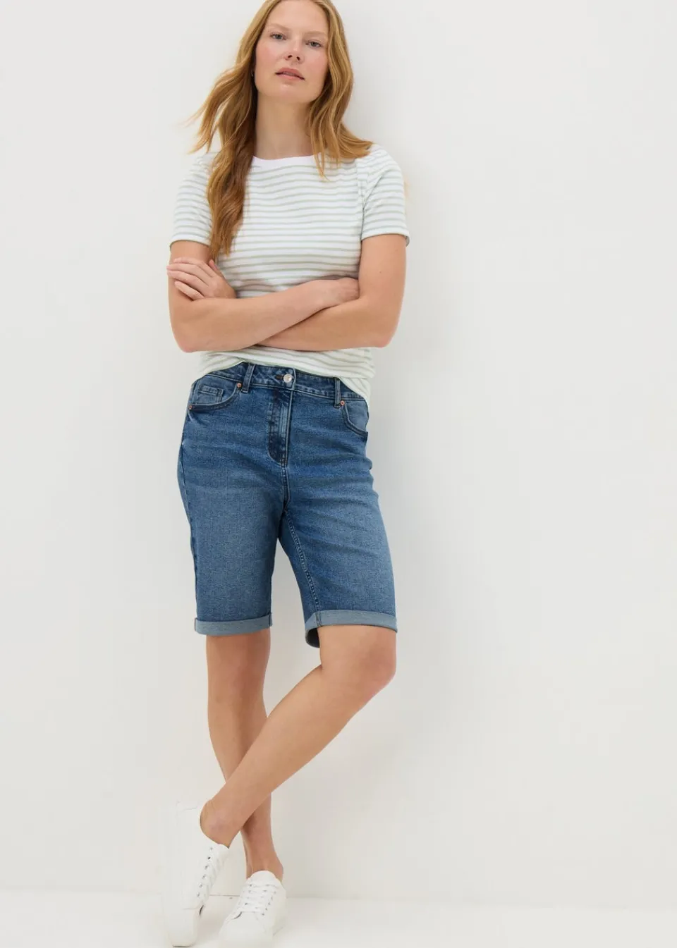 Shorts>Papaya Denim Blue Mid Wash Denim Knee Length Shorts
