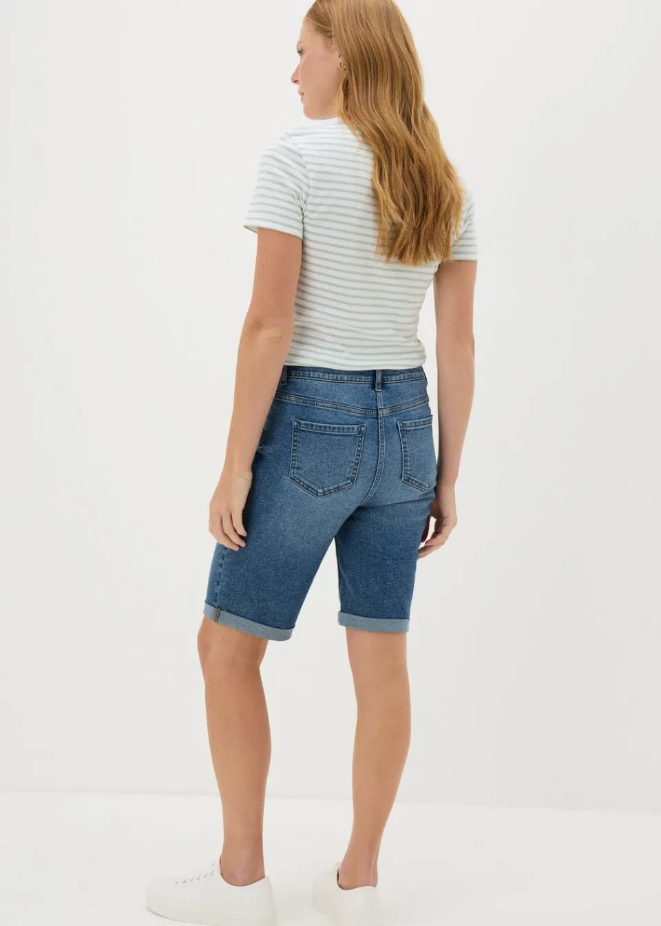 Shorts>Papaya Denim Blue Mid Wash Denim Knee Length Shorts