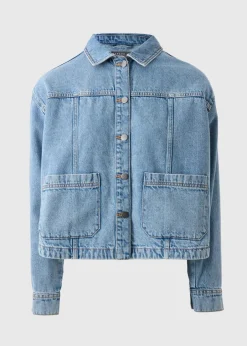 Coats & Jackets>Papaya Blue Mid Wash Denim Shacket