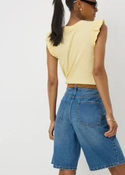 Shorts>Papaya Blue Mid Wash Relaxed Knee Denim Shorts