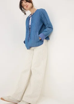 Coats & Jackets>Papaya Blue Quilted Denim Tie Front Jacket
