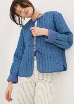 Coats & Jackets>Papaya Blue Quilted Denim Tie Front Jacket