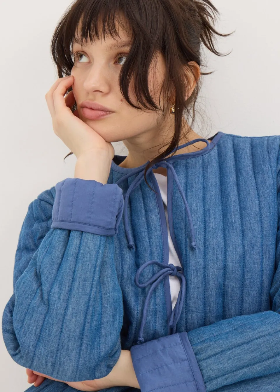 Coats & Jackets>Papaya Blue Quilted Denim Tie Front Jacket