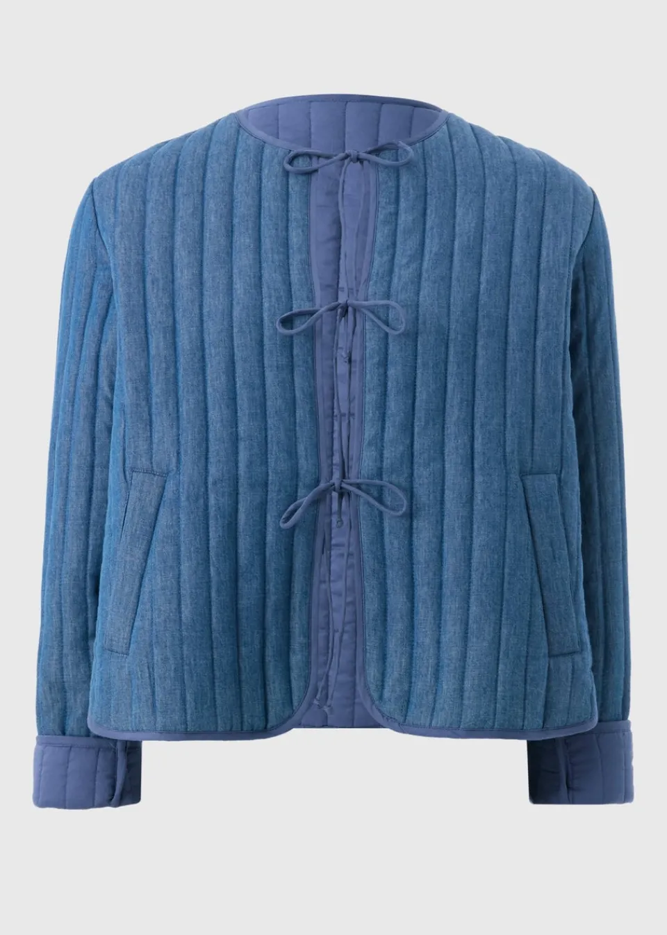 Coats & Jackets>Papaya Blue Quilted Denim Tie Front Jacket