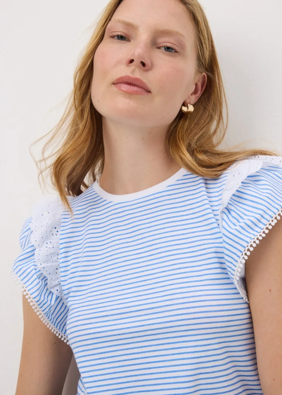 T-Shirts>Papaya Blue Stripe Broderie Frill Sleeve T-Shirt