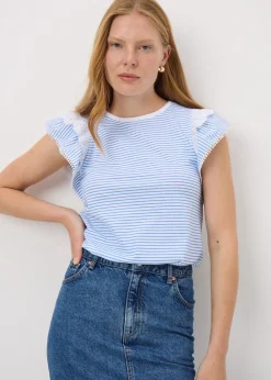 T-Shirts>Papaya Blue Stripe Broderie Frill Sleeve T-Shirt