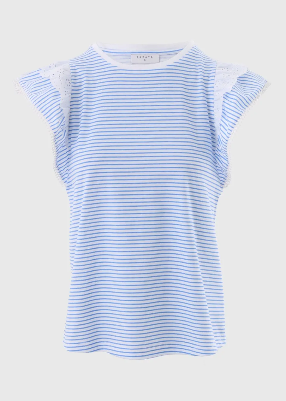 T-Shirts>Papaya Blue Stripe Broderie Frill Sleeve T-Shirt
