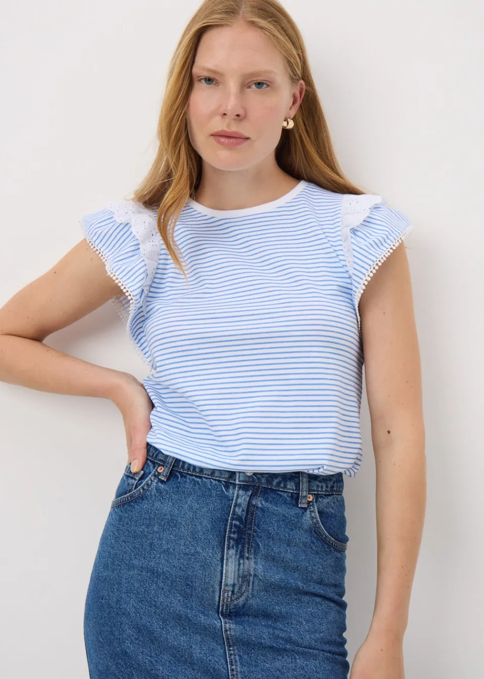 T-Shirts>Papaya Blue Stripe Broderie Frill Sleeve T-Shirt