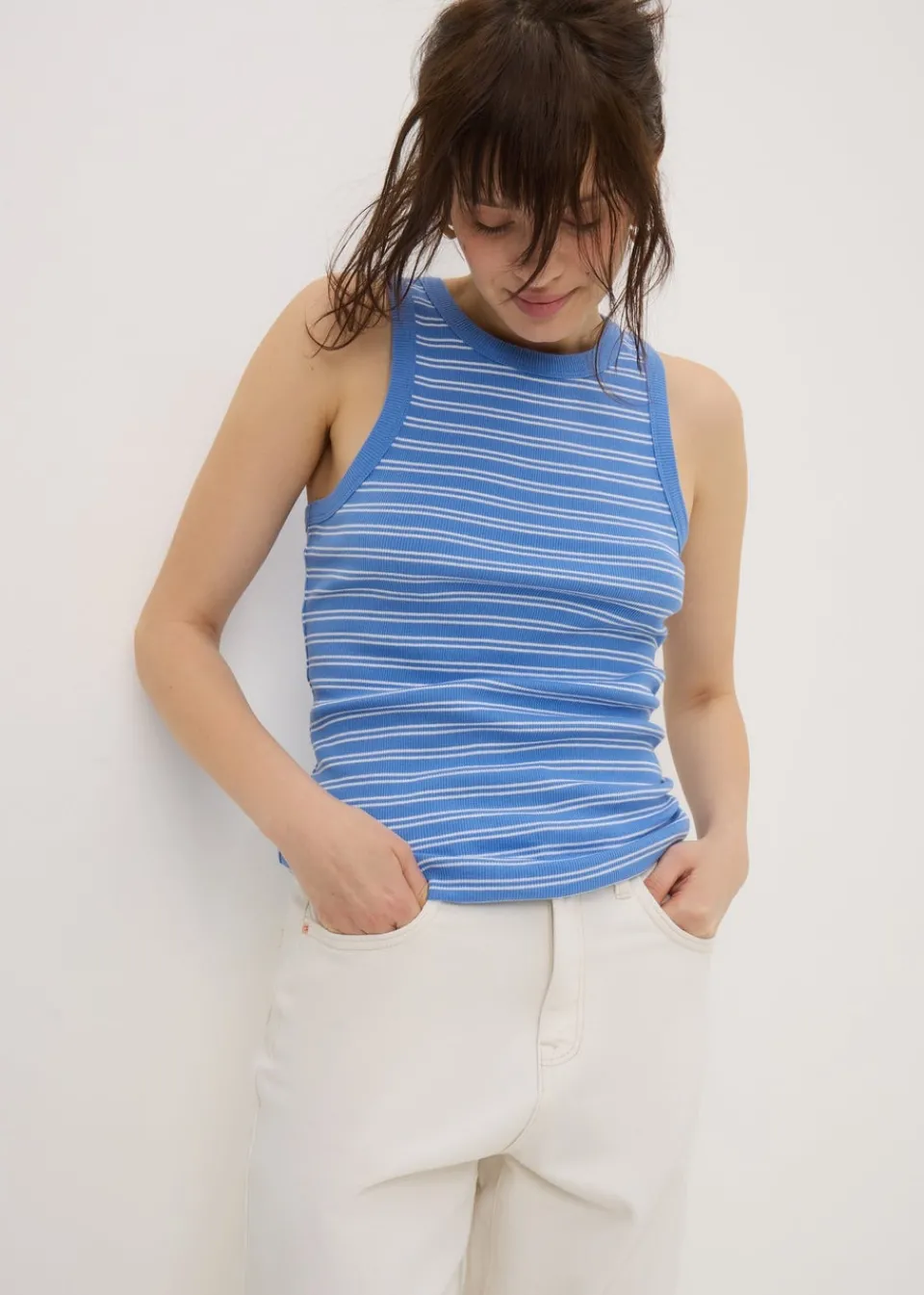Tops>Papaya Blue Stripe High Neck Vest Top