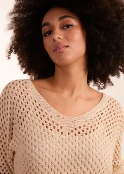 Tops>Blue Vanilla Beige Crochet V Neck Top