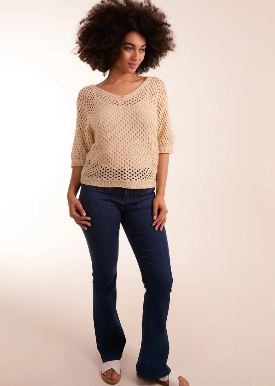 Tops>Blue Vanilla Beige Crochet V Neck Top