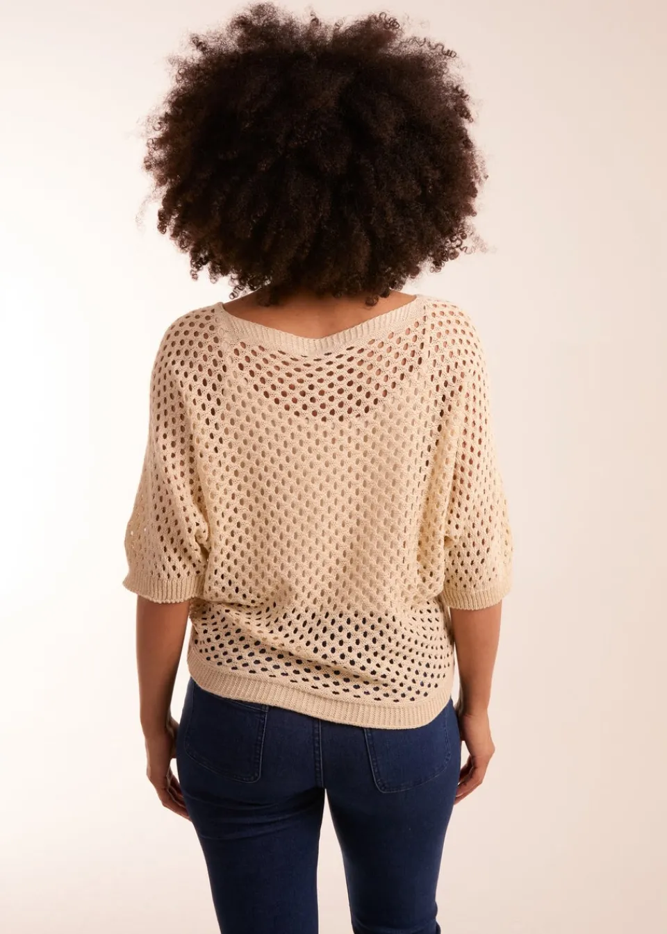Tops>Blue Vanilla Beige Crochet V Neck Top