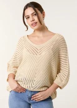 Tops>Blue Vanilla Beige Crochet V Neck Jumper