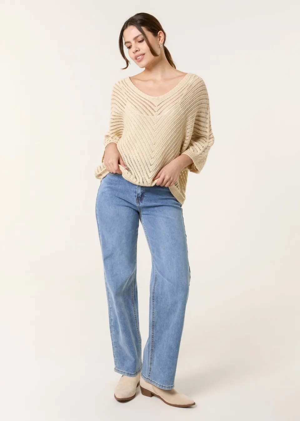 Tops>Blue Vanilla Beige Crochet V Neck Jumper