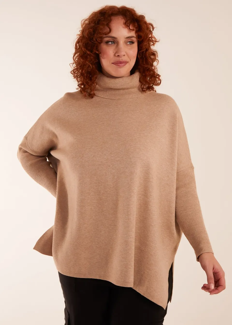 Tops>Blue Vanilla Curve High Neck Boxy Jumper Beige