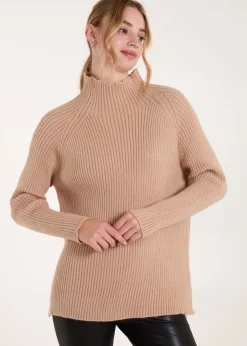 Knitwear>Blue Vanilla Beige Double Hem Detail High Neck Jumper