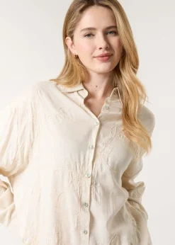 Tops>Blue Vanilla Beige Embroidered Linen Shirt
