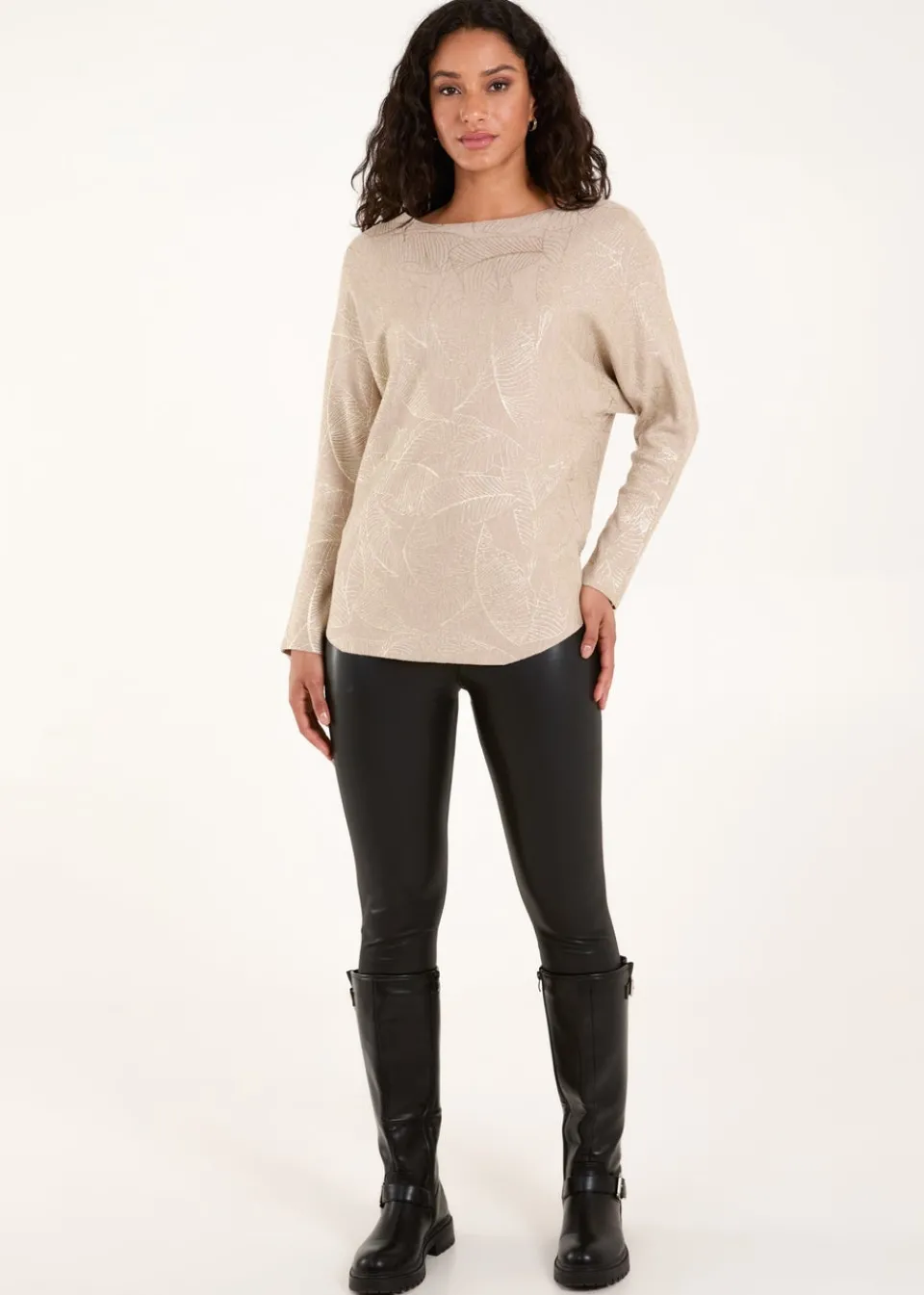 Tops>Blue Vanilla Beige Foil Leaf Print Round Neck Jumper