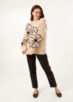 Tops>Blue Vanilla Beige Large Flower Embroidery Jumper