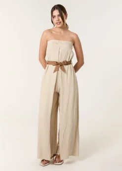Jumpsuits & Playsuits>Blue Vanilla Beige Linen Belted Wide Bandeau Jumpsuit