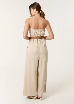 Jumpsuits & Playsuits>Blue Vanilla Beige Linen Belted Wide Bandeau Jumpsuit
