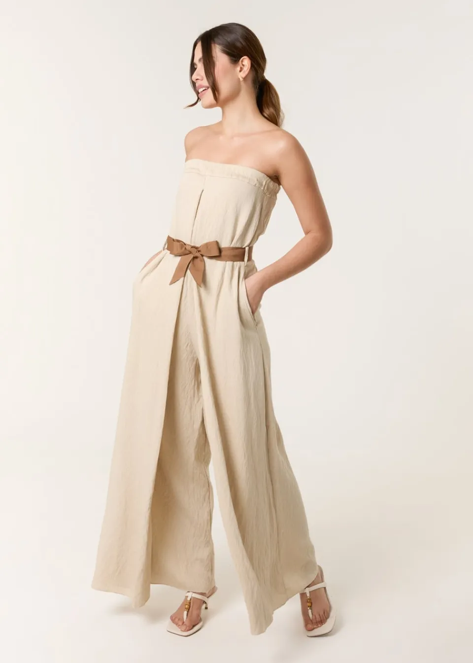Jumpsuits & Playsuits>Blue Vanilla Beige Linen Belted Wide Bandeau Jumpsuit