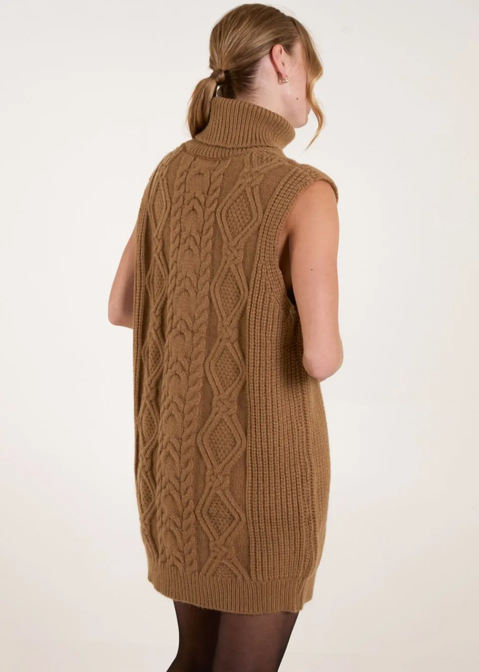 Tops>Blue Vanilla Beige Roll Neck Cable Knitted Oversized Sleeveless Jumper