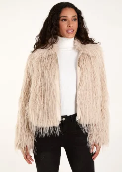 Coats & Jackets>Blue Vanilla Beige Textured Faux Fur Collar Coat