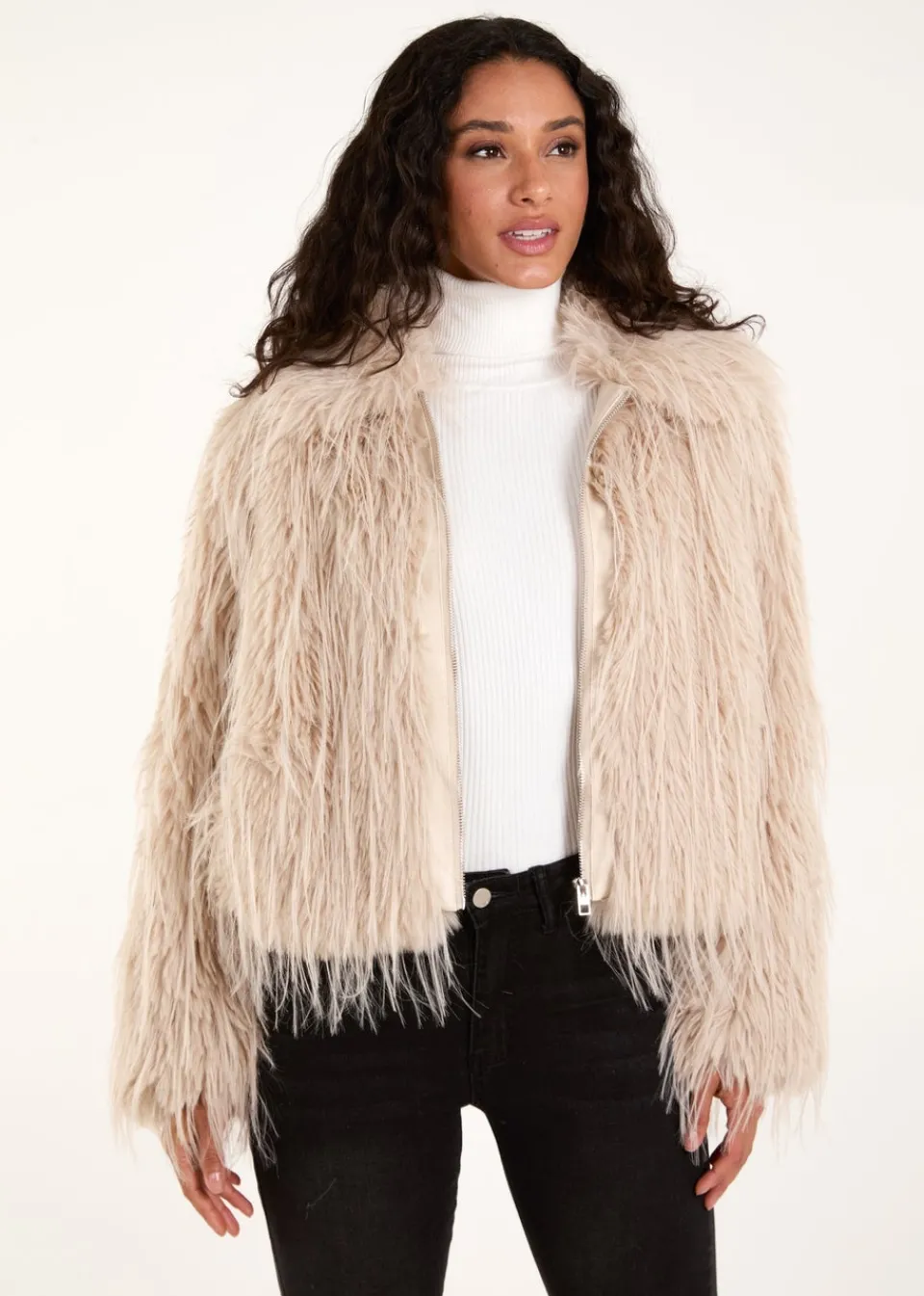 Coats & Jackets>Blue Vanilla Beige Textured Faux Fur Collar Coat