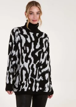 Tops>Blue Vanilla Black Abstract Animal Roll Neck Jumper