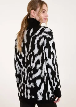 Tops>Blue Vanilla Black Abstract Animal Roll Neck Jumper
