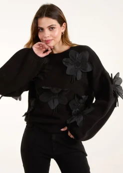 Tops>Blue Vanilla Black Applique Flower Jumper