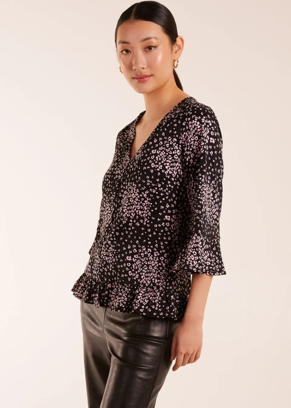 Tops>Blue Vanilla Black Button Front V Neck Flounce Blouse
