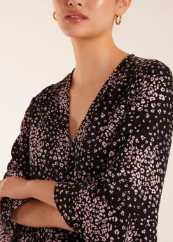Tops>Blue Vanilla Black Button Front V Neck Flounce Blouse