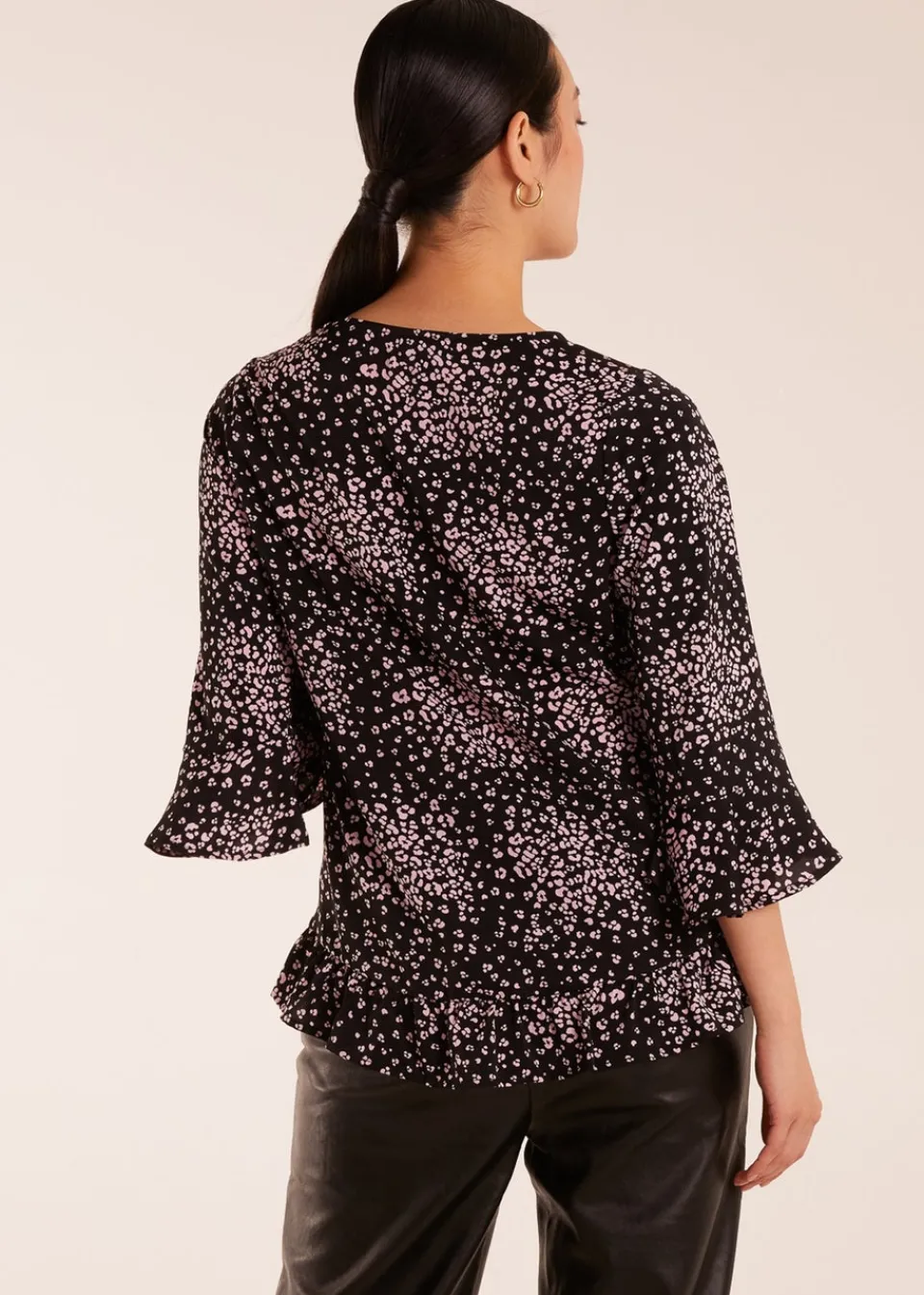 Tops>Blue Vanilla Black Button Front V Neck Flounce Blouse