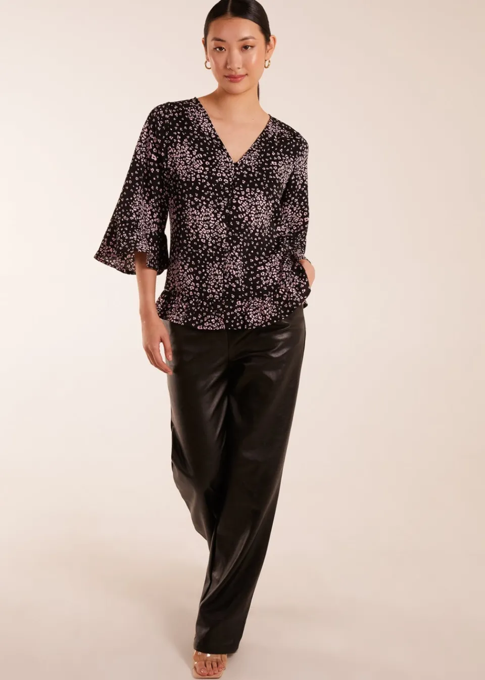 Tops>Blue Vanilla Black Button Front V Neck Flounce Blouse