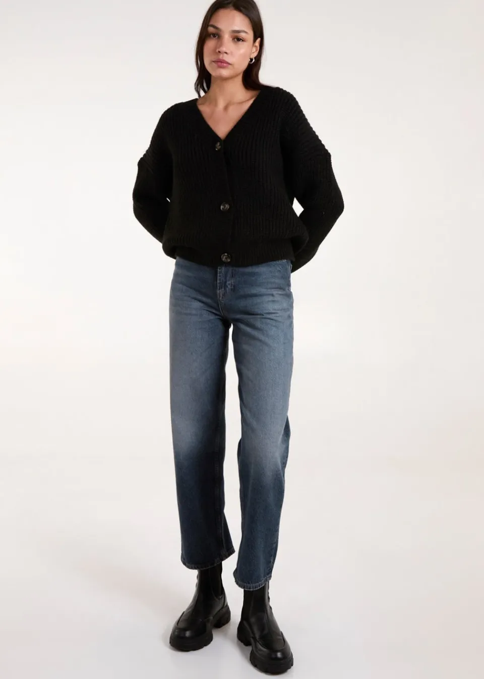 Tops>Blue Vanilla Black Button Front Cardigan