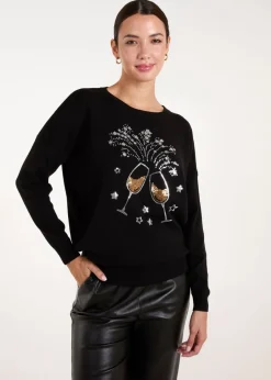 Tops>Blue Vanilla Black Champagne Glass Christmas Jumper