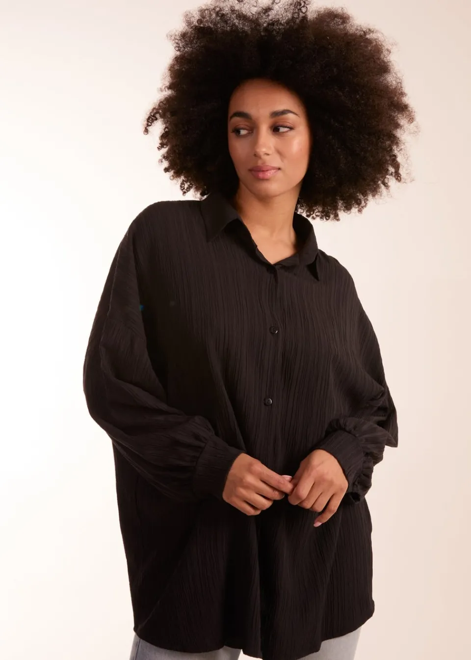 Tops>Blue Vanilla Black Crinkle Oversized Shirt