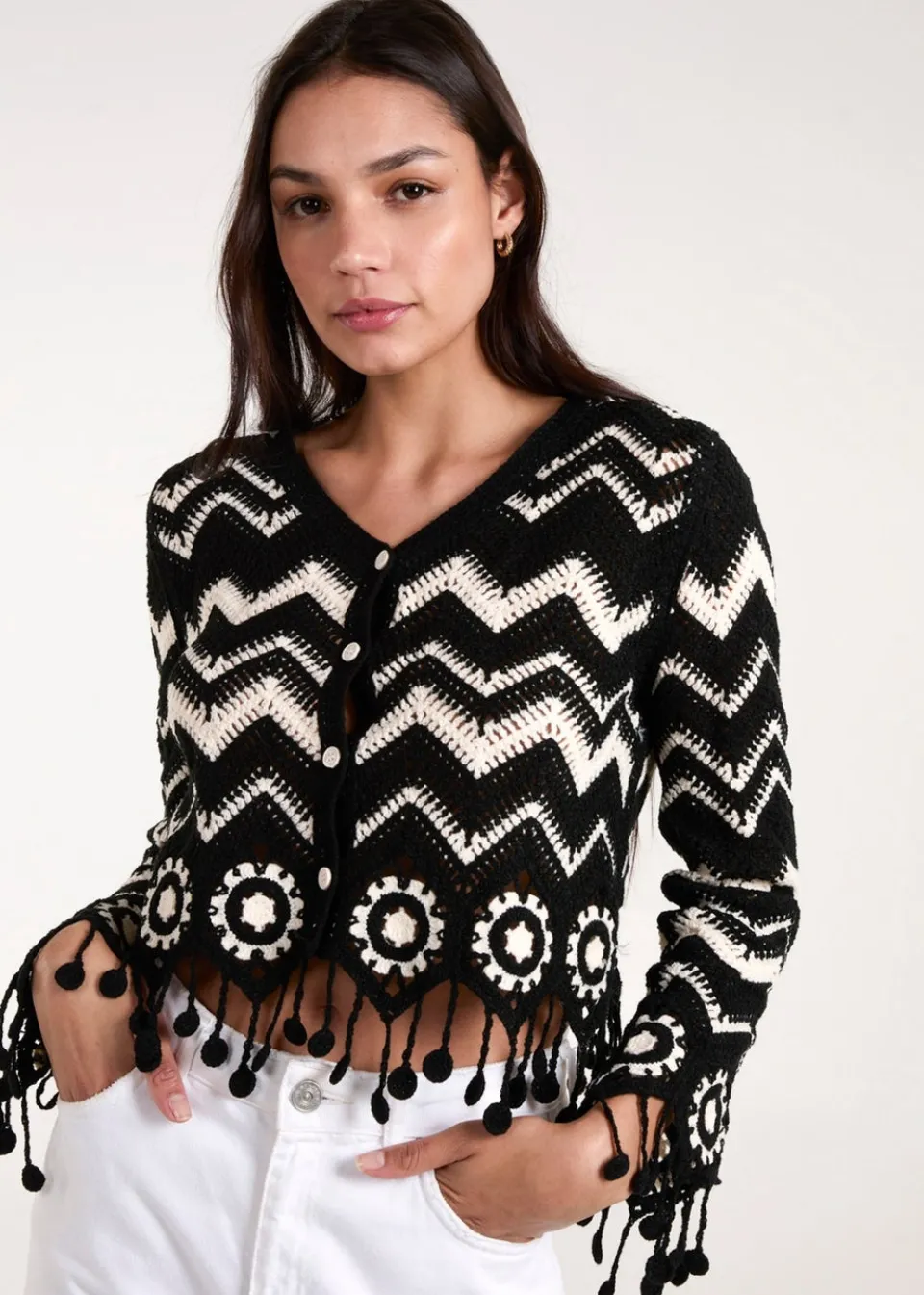 Tops>Blue Vanilla Black Crochet Zig Zag Tassel Detailed Button Front Cardigan