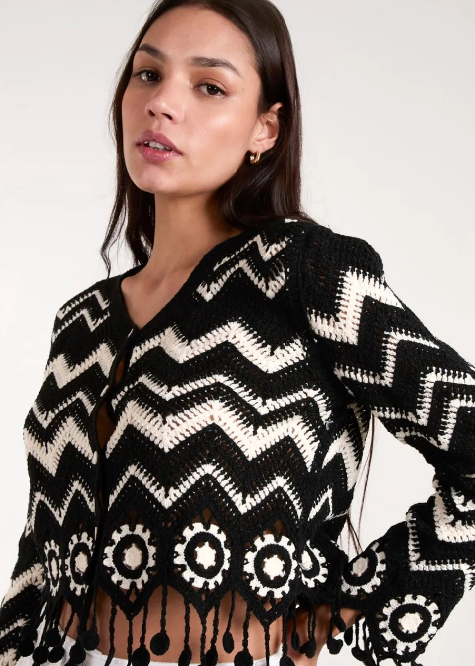 Tops>Blue Vanilla Black Crochet Zig Zag Tassel Detailed Button Front Cardigan