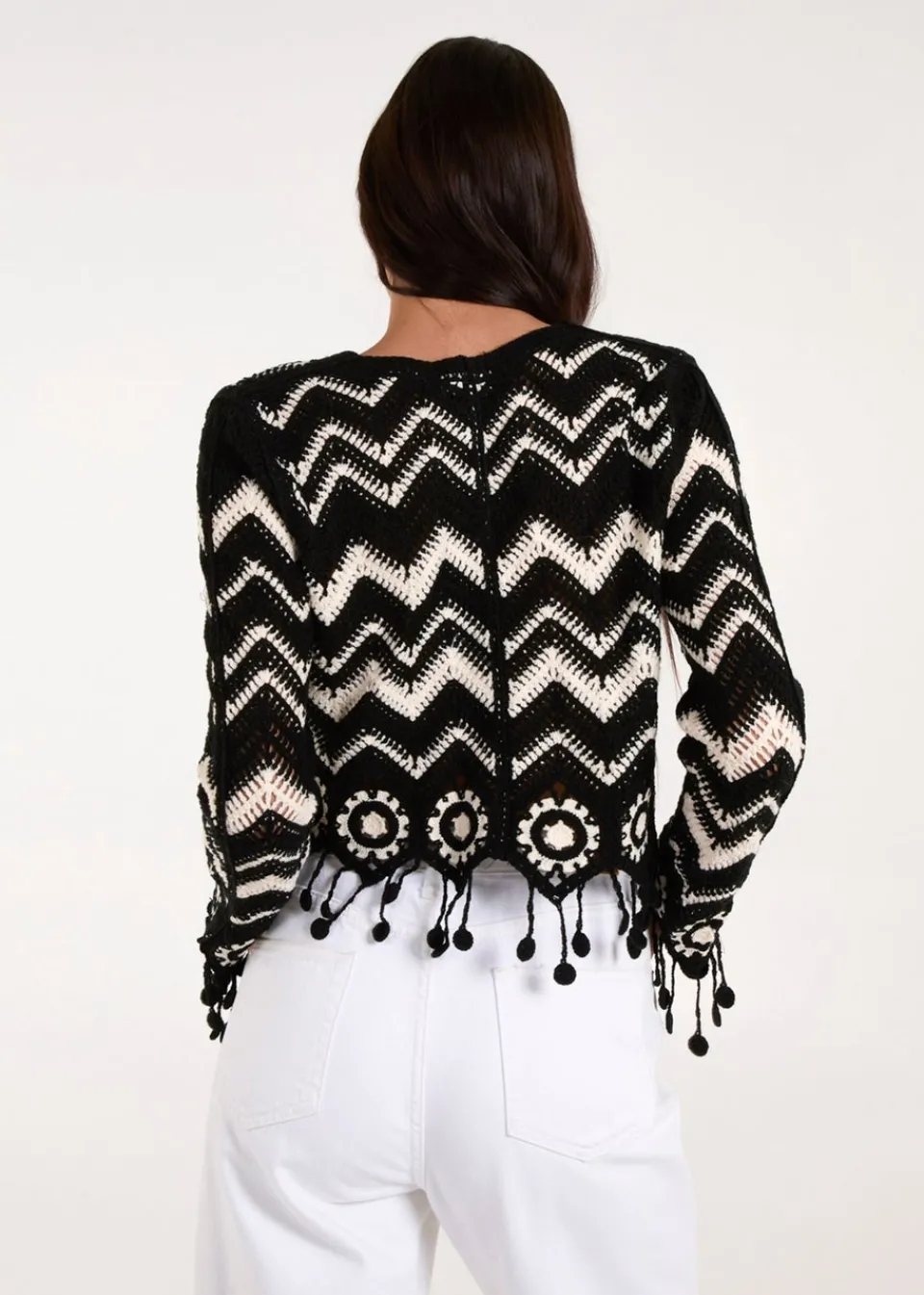 Tops>Blue Vanilla Black Crochet Zig Zag Tassel Detailed Button Front Cardigan