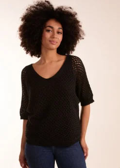 T-Shirts>Blue Vanilla Crochet Lace V Neck Top Black