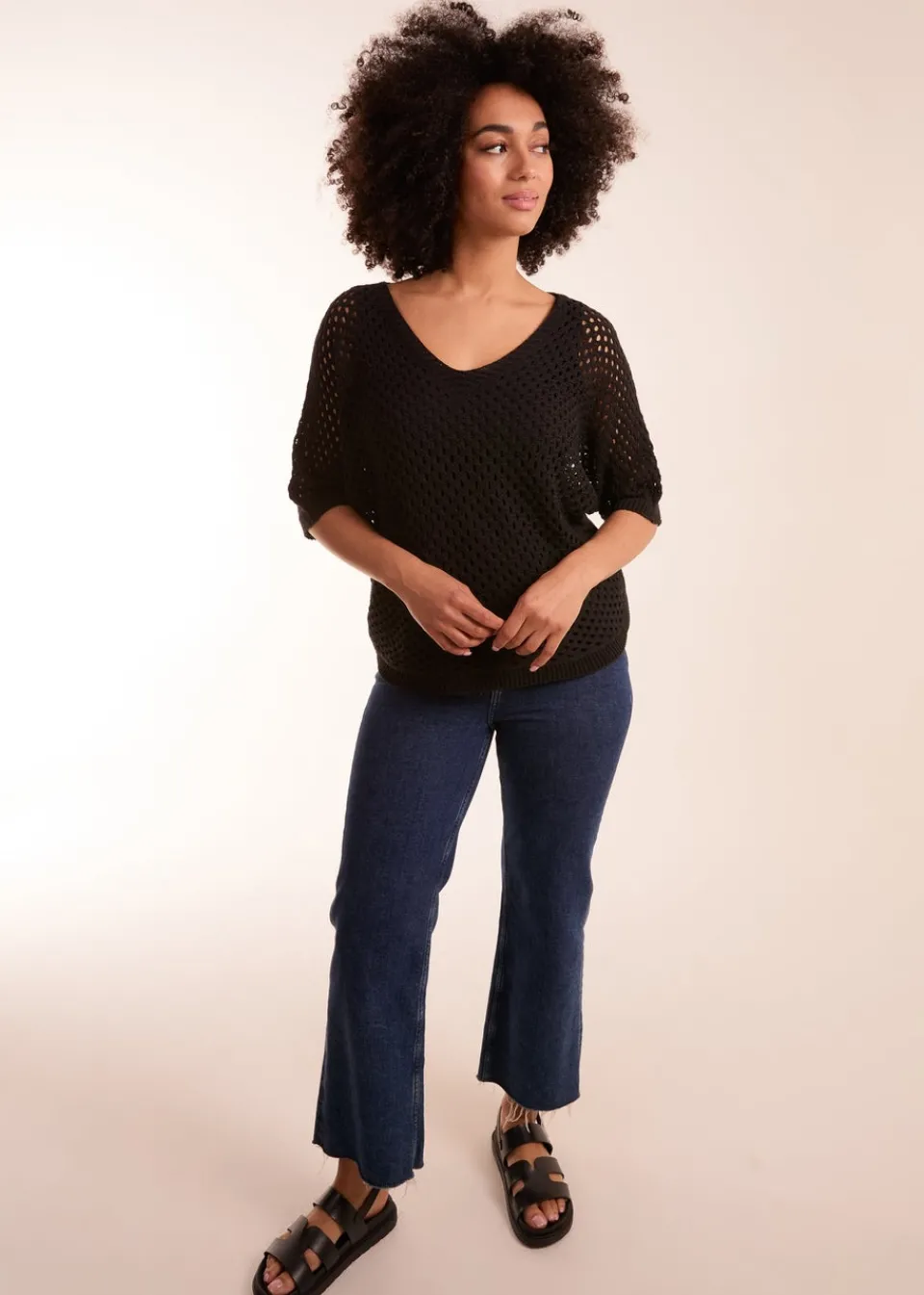 T-Shirts>Blue Vanilla Crochet Lace V Neck Top Black